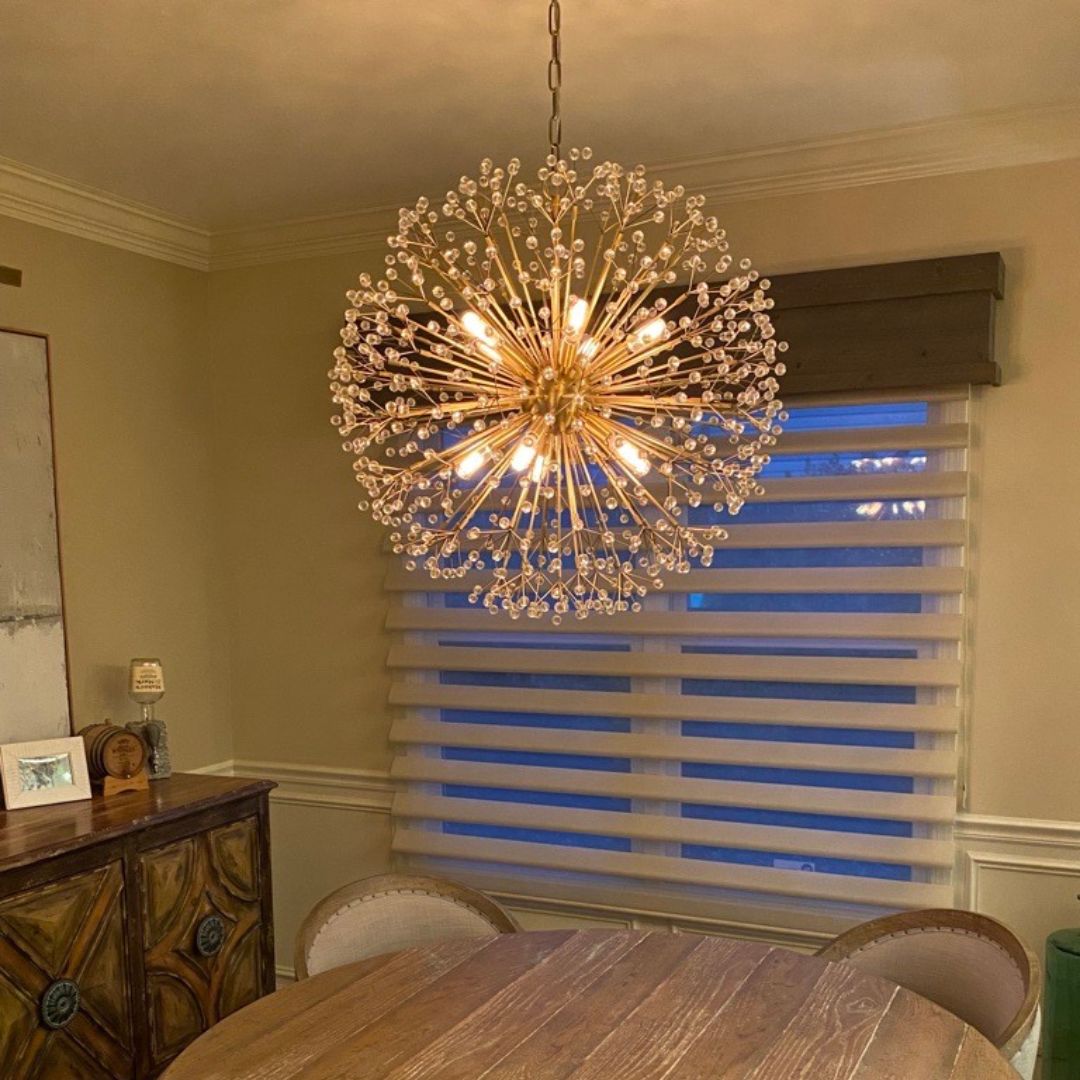 Chandelier and couch living room