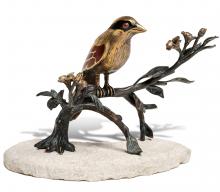 Maitland-Smith 89-1804 - Magpie Sculpture, Brass, Smokey Agate Stone Base, 8.5"W 89-1804