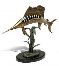 Maitland-Smith 89-1808 - Mighty Sailfish Sculpture, Brass, Black Stone Base, 17.25"W 89-1808