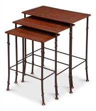 Sarreid 16696 - Kew Gardens Nesting Table, Brown Leather, Iron Frame, 17"W 16696