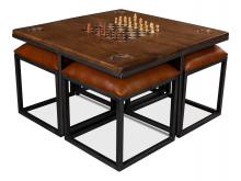 Sarreid 25693 - Gentleman's Fine Game Table, Wood Top, Brown Leather, Iron Frame, 36"W 25693