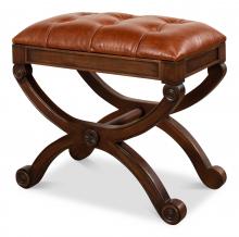 Sarreid 27249 - Empire Stool, Brown Leather, Fruitwood, 22"H 27249