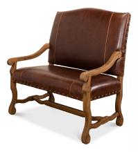 Sarreid 28671 - Italian Settee, Brown Leather, Oak Frame, 44.5"W 28671