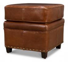 Sarreid 29763 - Papa's Ottoman, Brown Leather, Dark Wood Feet, 17"H 29763