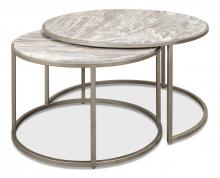 Sarreid 52872 - Contemporary Nesting Table, Round, Set of 2, Gray Marble Top, Antique Silver Frame, 36"W