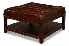 Sarreid 53165 - Tufted English Ottoman, Square, Brown Leather, 18"H 53165