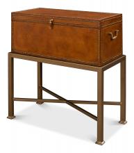 Sarreid 53537 - Remington Accent Table, Brown Leather, Brass Frame, 24"W 53537