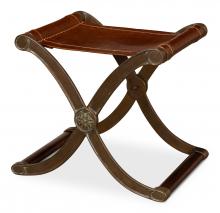 Sarreid 7440008 - Campaign Stool, Brown Leather, Antique Brass Frame, 19"H 7440008